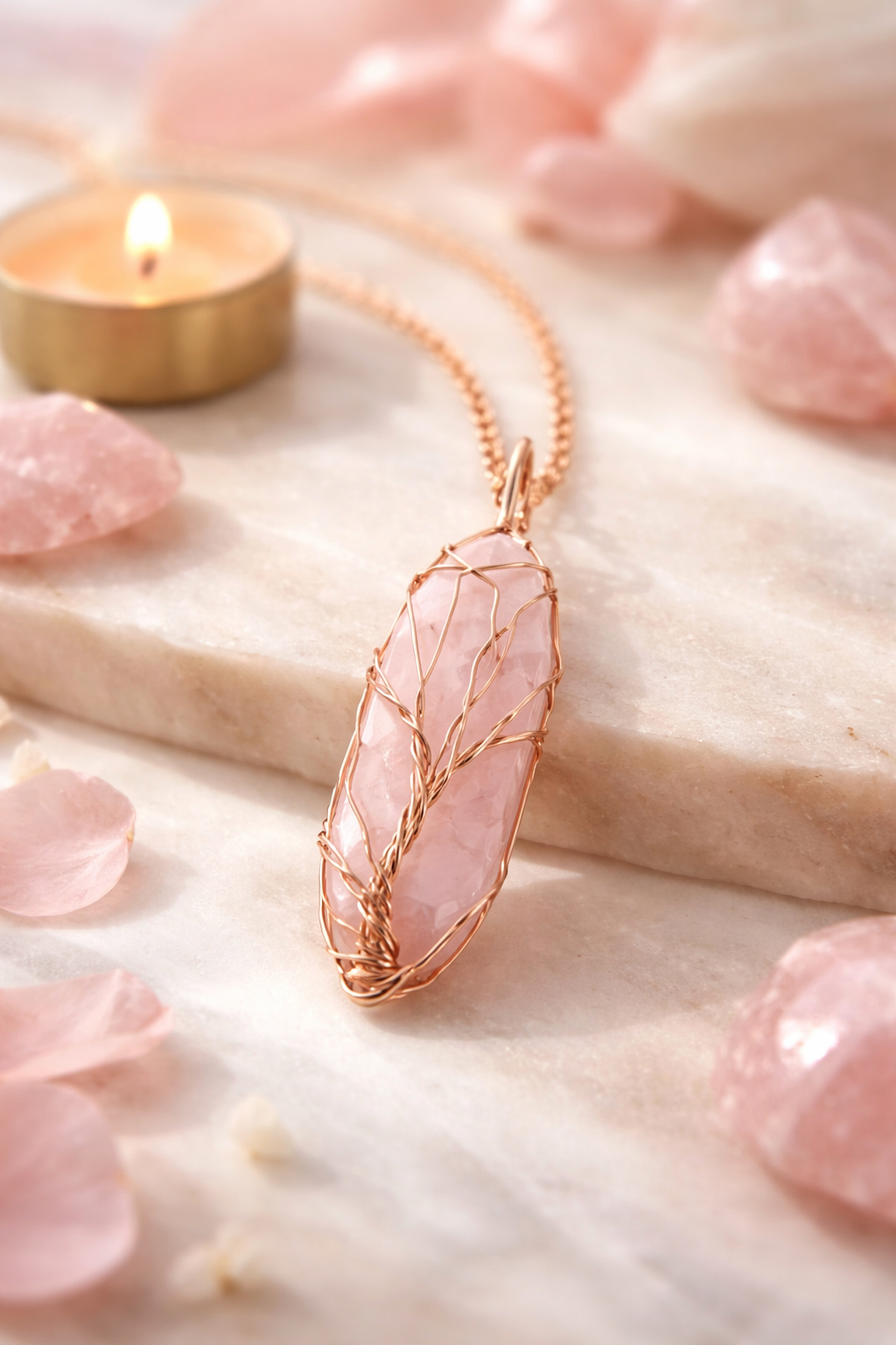 Rooted Radiance Rose Quartz Tree of Life Necklace