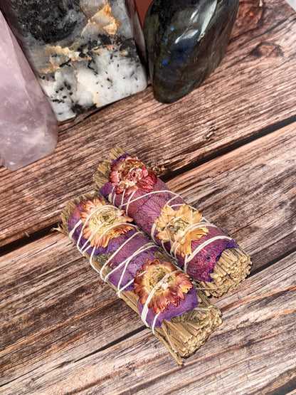 Purple Haze Lavender Smudge Stick w/ Wildflower + Rose Petals(4”)