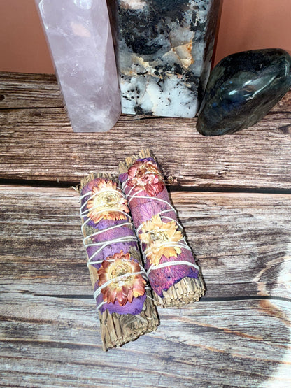 Purple Haze Lavender Smudge Stick w/ Wildflower + Rose Petals(4”)
