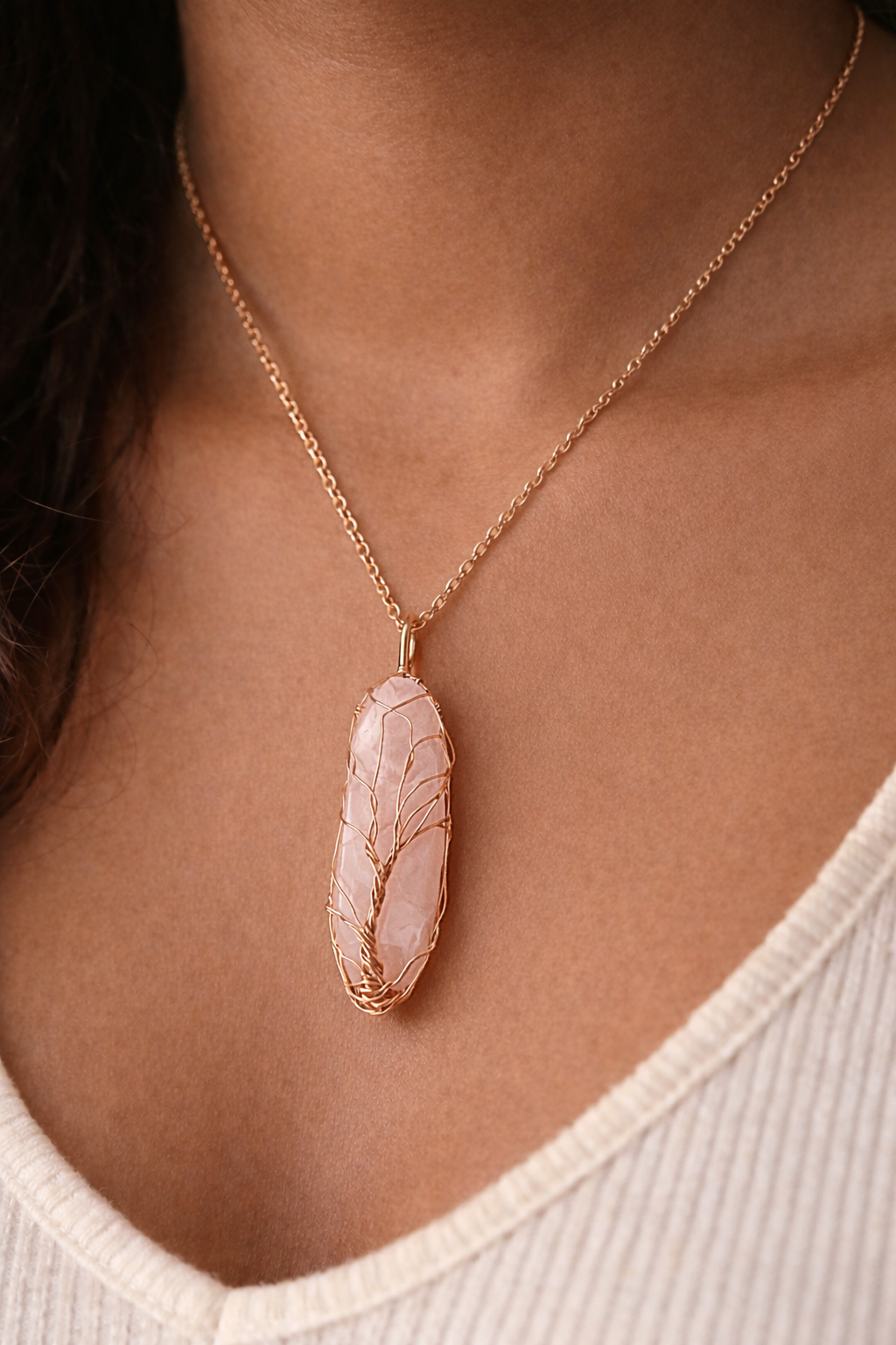 Rooted Radiance Rose Quartz Tree of Life Necklace