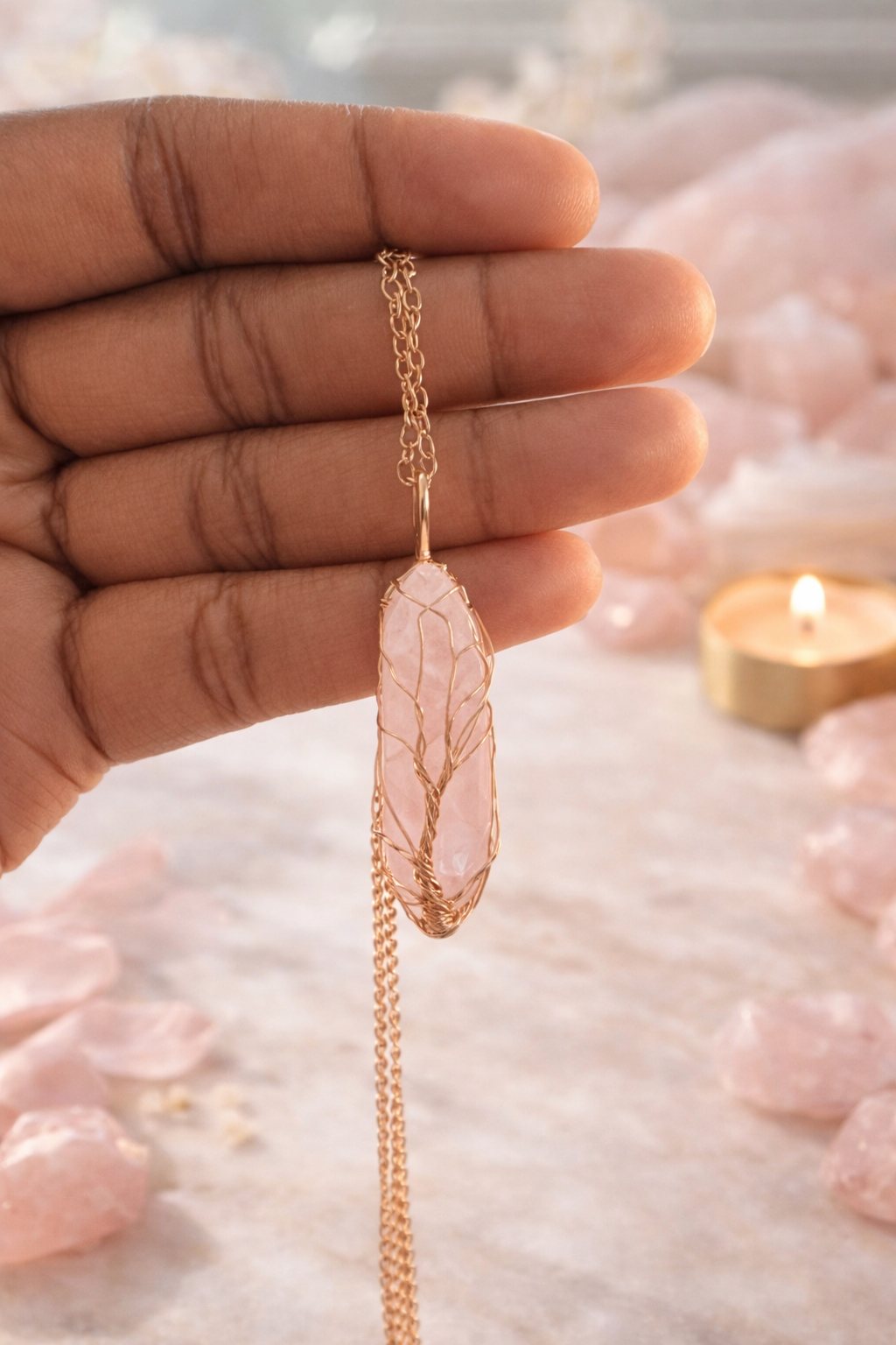 Rooted Radiance Rose Quartz Tree of Life Necklace